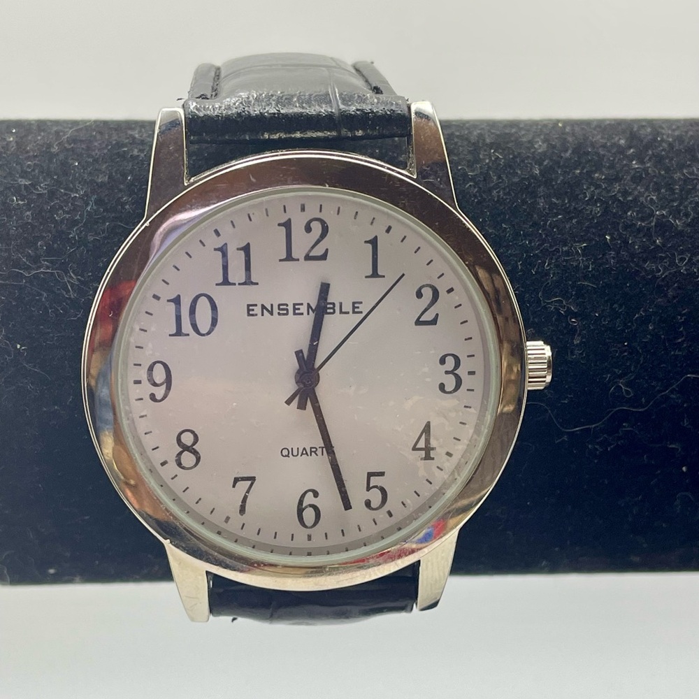 Ensemble Black and Silver Quartz Men's Watch. 9 inches. New battery Faux leather